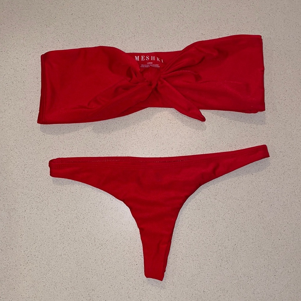 Meshki Red Bandeau Thong Bikini Set Top Size L Bottom Size XS
